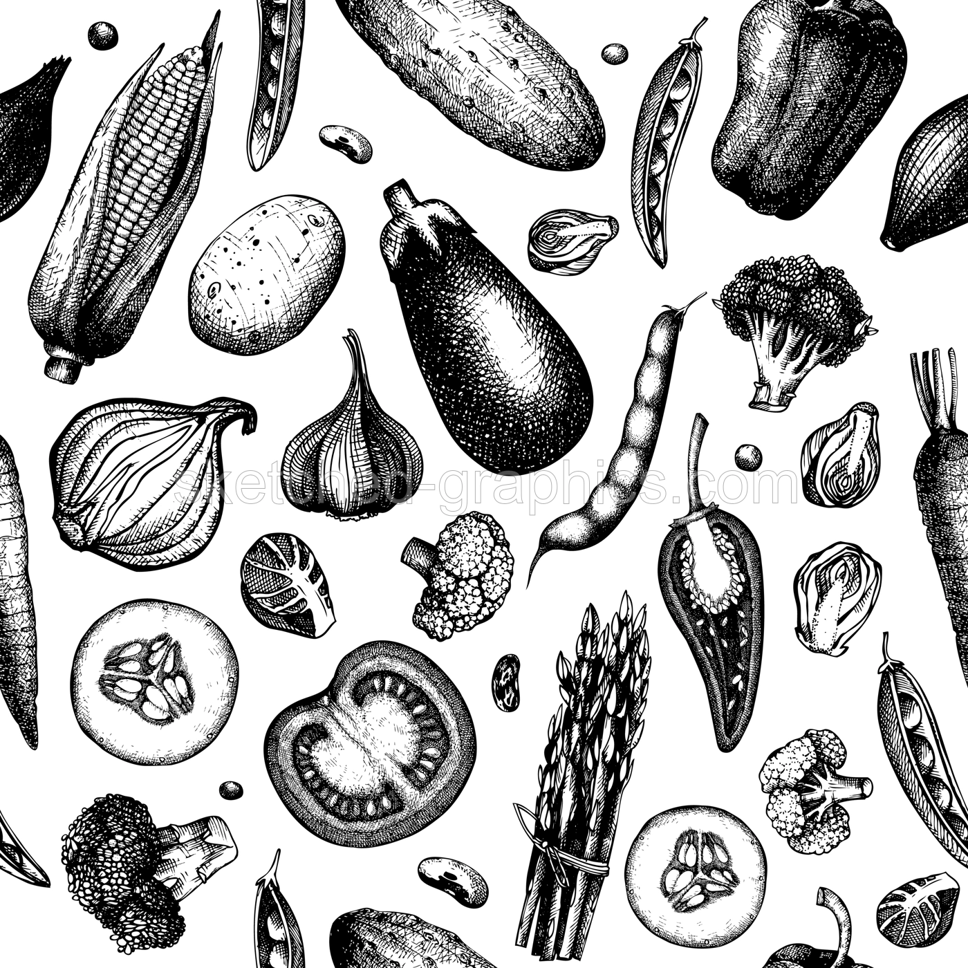 Vegetables seamless pattern. Healthy food background. Vegetarian food design. Hand-drawn vector illustration. NOT AI generated Illustration